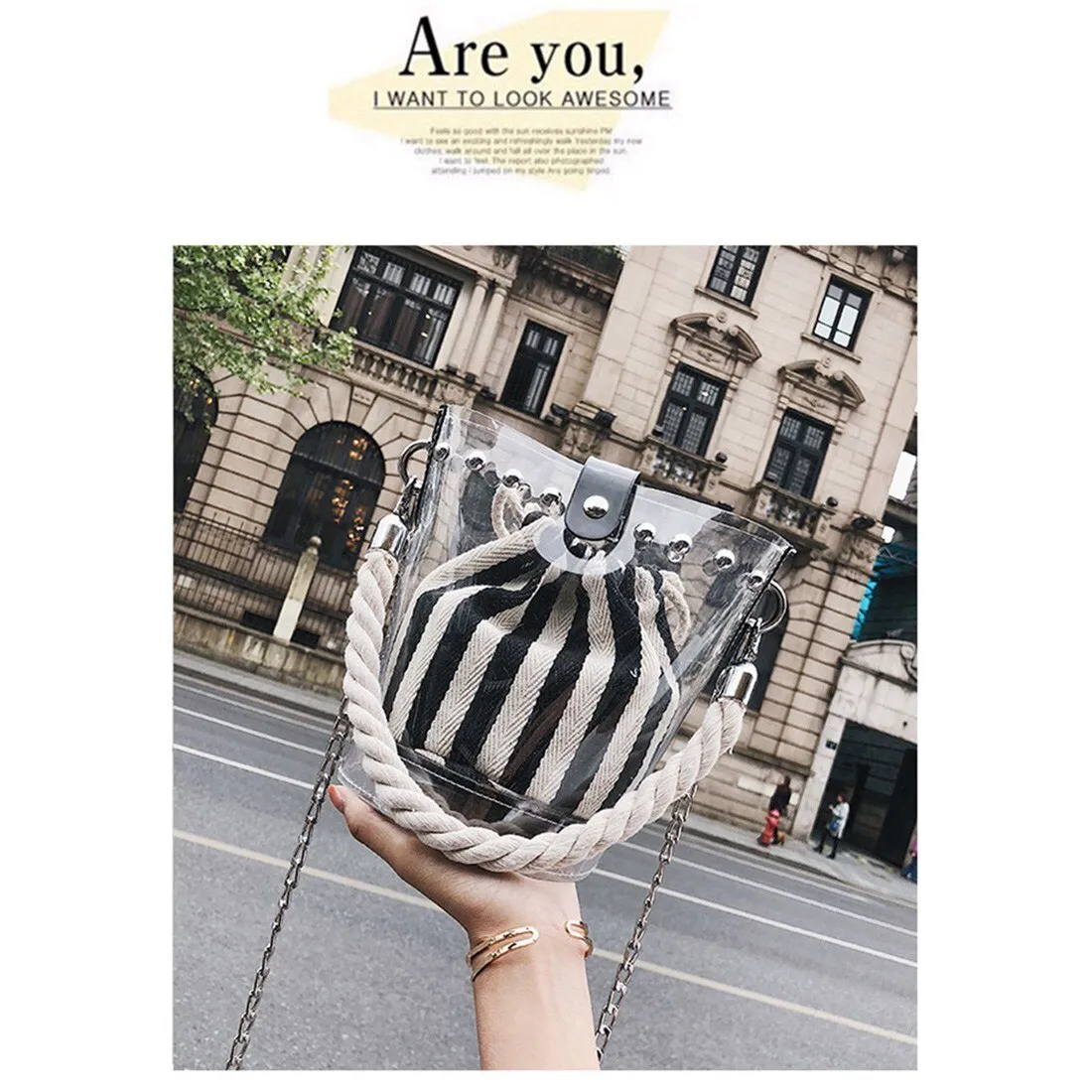 Black New Fashion PVC Chain Diagonal Bag Fashion Transparent Hit color Stripe Rivet Hemp Single shoulder Diagonal Child b
