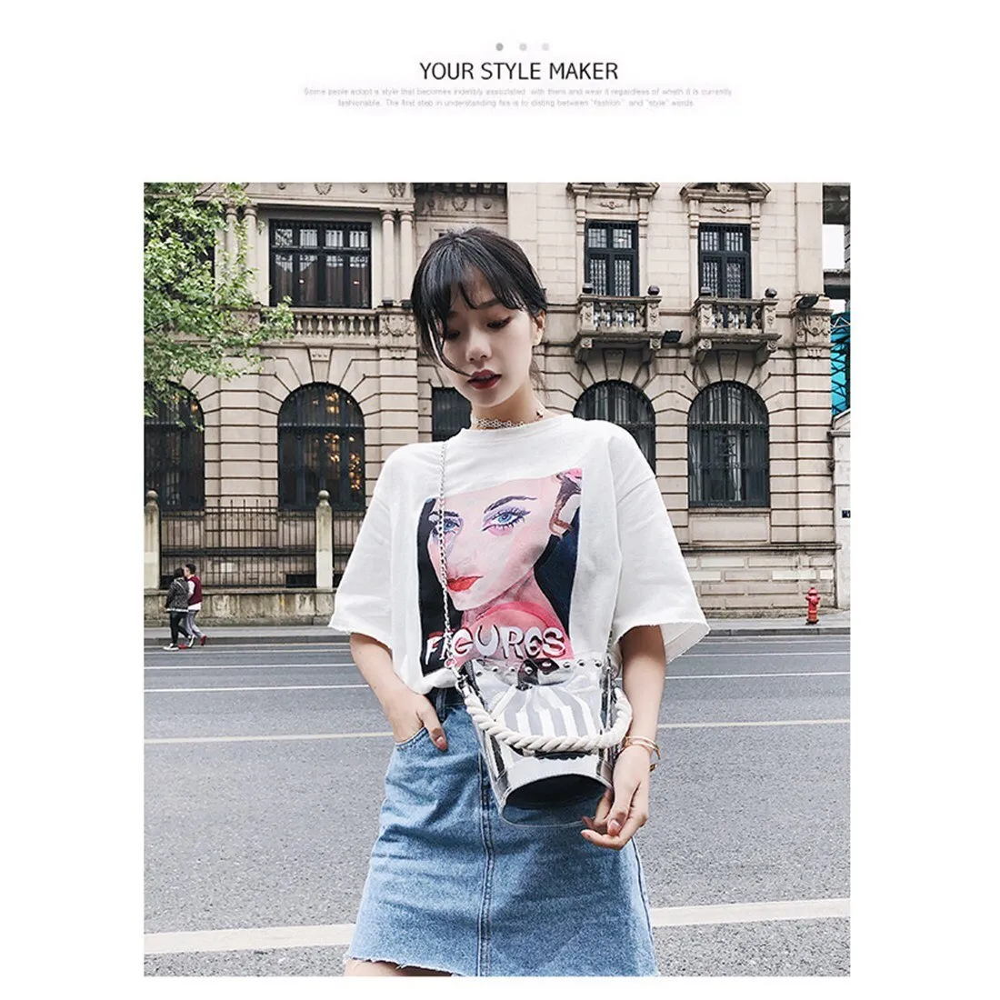 Black New Fashion PVC Chain Diagonal Bag Fashion Transparent Hit color Stripe Rivet Hemp Single shoulder Diagonal Child b