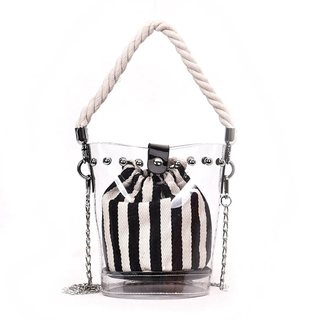 Black New Fashion PVC Chain Diagonal Bag Fashion Transparent Hit color Stripe Rivet Hemp Single shoulder Diagonal Child b