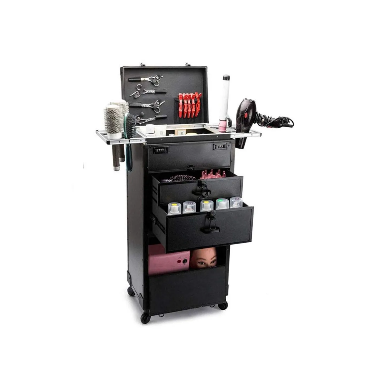 Black Professional Makeup Beauty Trolley Case with Wheels with Large Capacity