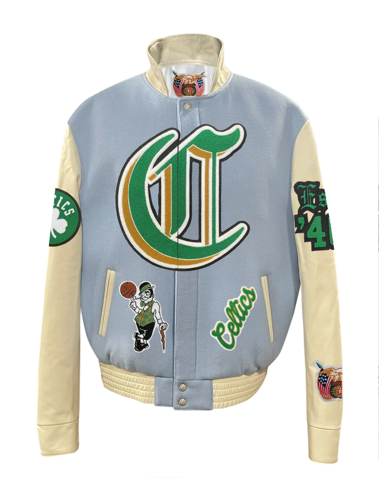 BOSTON CELTICS WOOL & LEATHER OLD ENGLISH VARSITY JACKET Baby Blue
