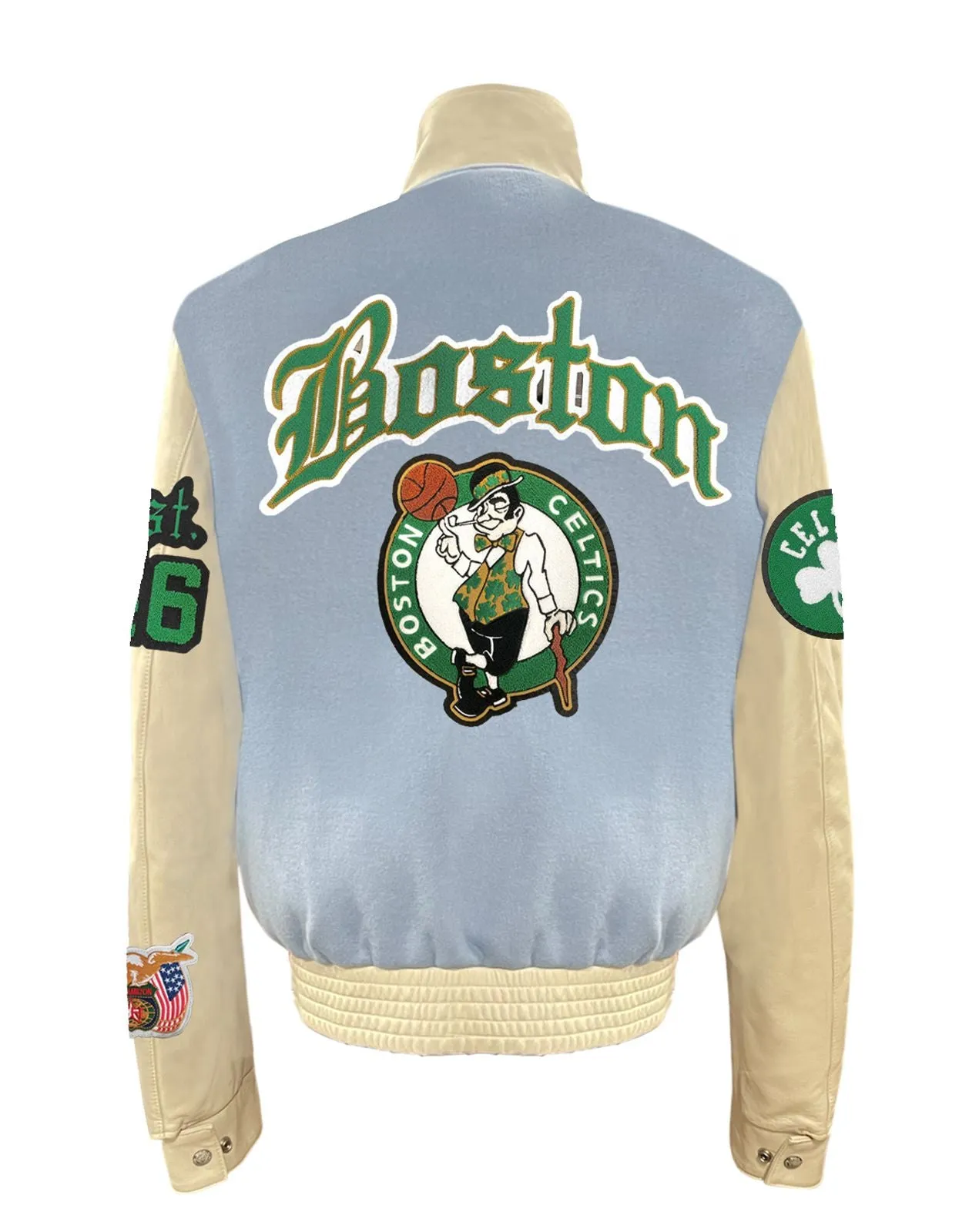 BOSTON CELTICS WOOL & LEATHER OLD ENGLISH VARSITY JACKET Baby Blue