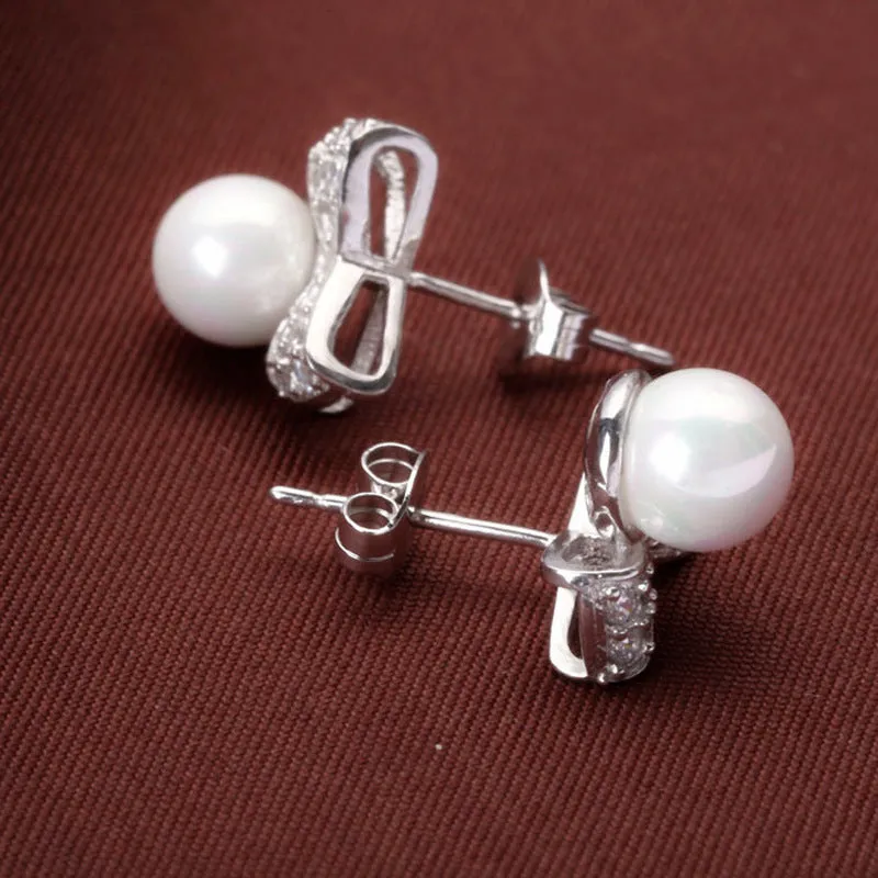 Bow with Pearl Bead Silver Studs Earrings for Women