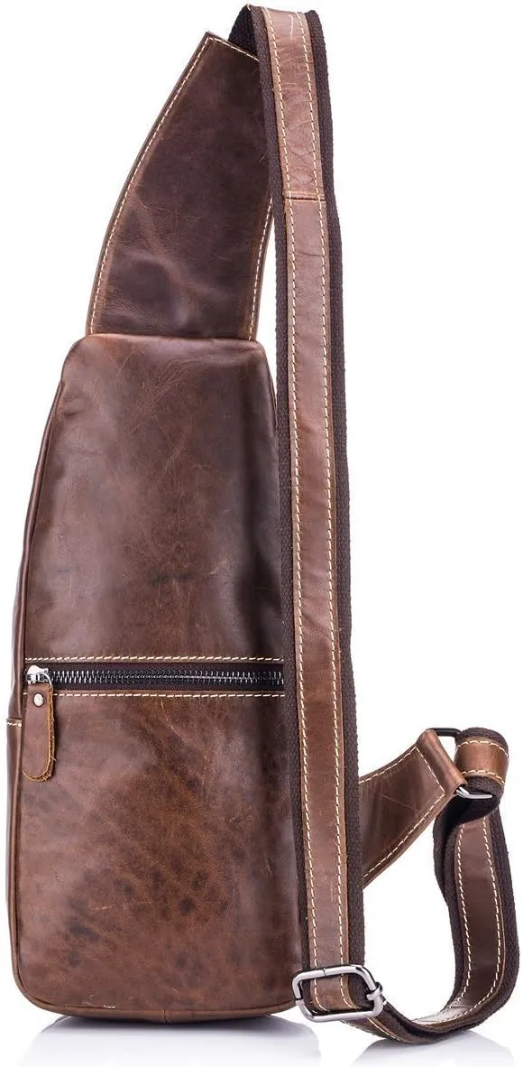 BULLCAPTAIN Men's Sling Bag Genuine Leather Chest Shoulder Backpack Cross Body Purse Water Resistant Anti Theft for Travel Hiking School (Brown)