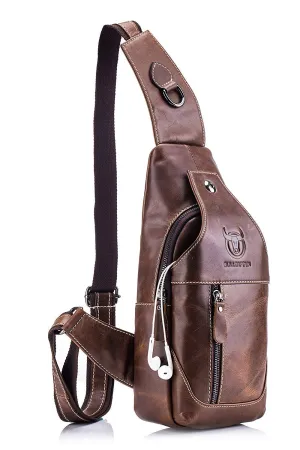 BULLCAPTAIN Men's Sling Bag Genuine Leather Chest Shoulder Backpack Cross Body Purse Water Resistant Anti Theft for Travel Hiking School (Brown)