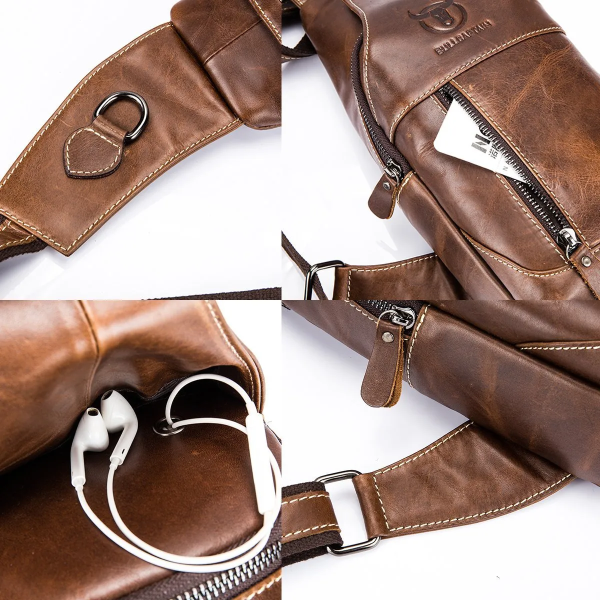 BULLCAPTAIN Men's Sling Bag Genuine Leather Chest Shoulder Backpack Cross Body Purse Water Resistant Anti Theft for Travel Hiking School (Brown)