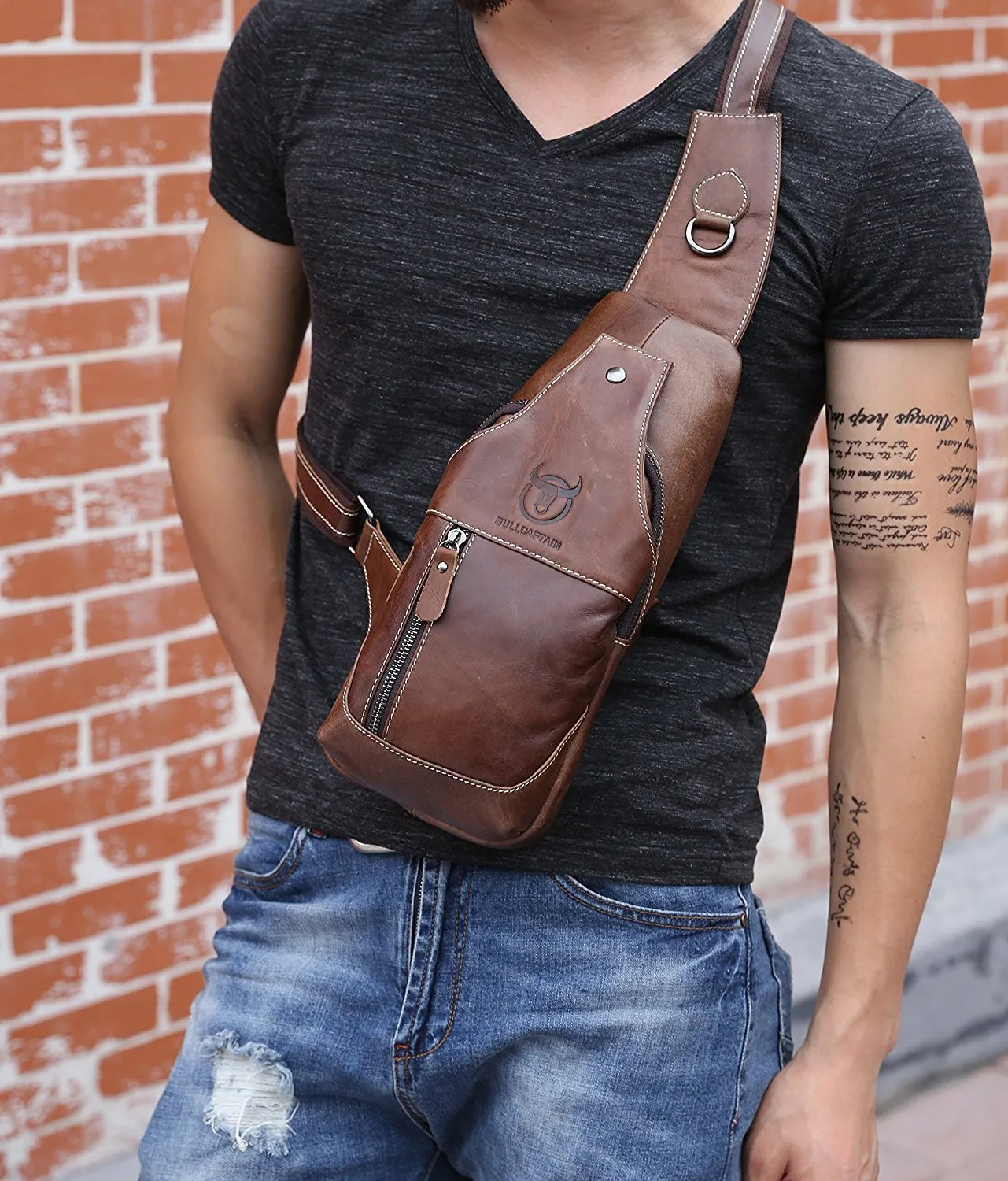 BULLCAPTAIN Men's Sling Bag Genuine Leather Chest Shoulder Backpack Cross Body Purse Water Resistant Anti Theft for Travel Hiking School (Brown)