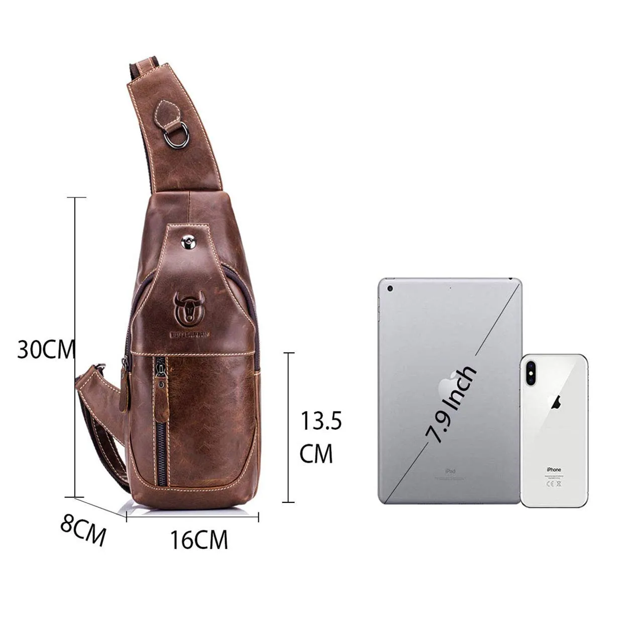BULLCAPTAIN Men's Sling Bag Genuine Leather Chest Shoulder Backpack Cross Body Purse Water Resistant Anti Theft for Travel Hiking School (Brown)