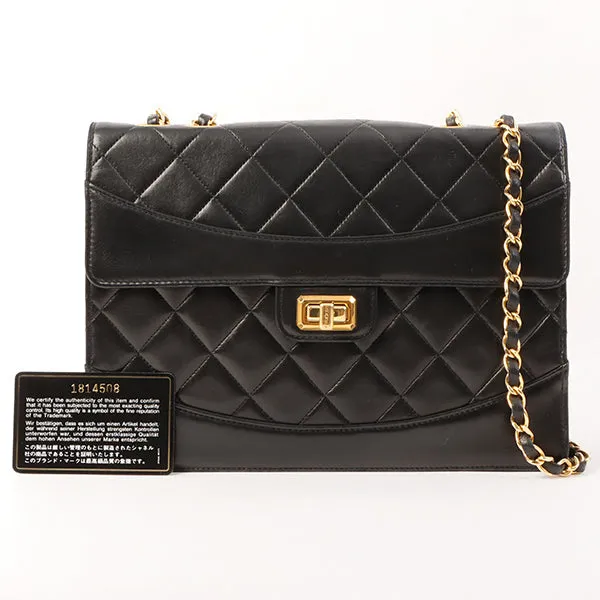 Chanel Around 1990 Made Design Flap Logo Turn Lock Chain Bag Black