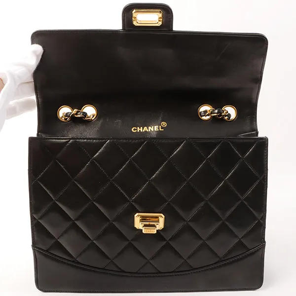 Chanel Around 1990 Made Design Flap Logo Turn Lock Chain Bag Black