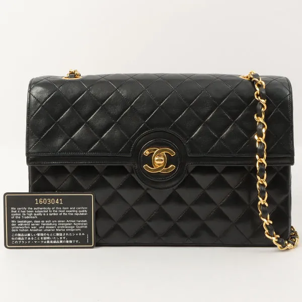 Chanel Around 1990 Made Design Flap Turn-Lock Chain Bag Black