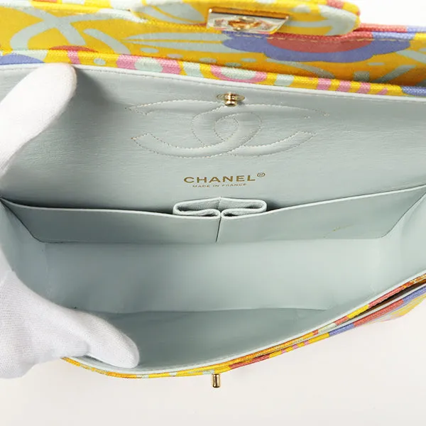 Chanel Around 2003 Made Cotton Flower Design Print Classic Flap Chain Bag 25Cm Yellow/Soft Blue/Multi