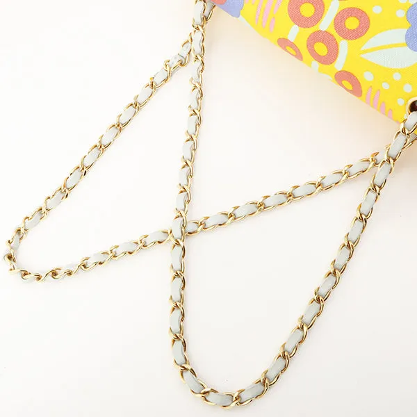 Chanel Around 2003 Made Cotton Flower Design Print Classic Flap Chain Bag 25Cm Yellow/Soft Blue/Multi