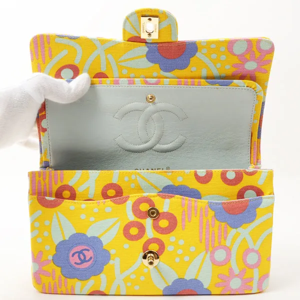 Chanel Around 2003 Made Cotton Flower Design Print Classic Flap Chain Bag 25Cm Yellow/Soft Blue/Multi