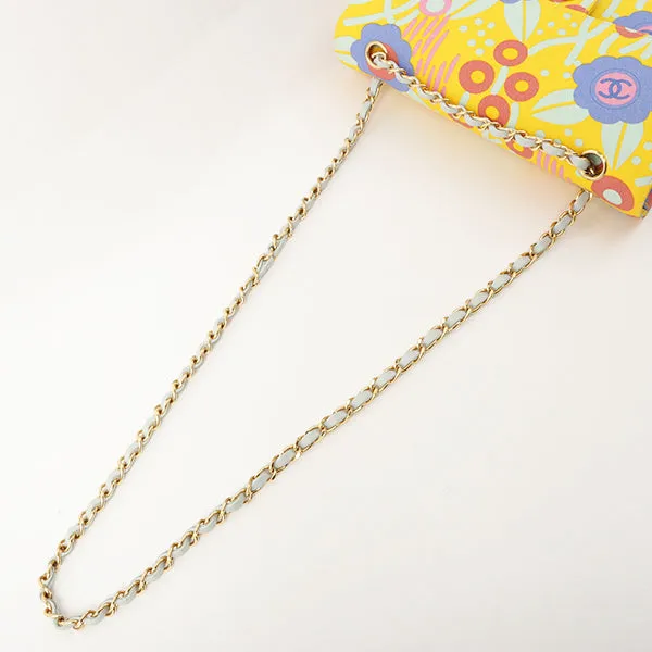 Chanel Around 2003 Made Cotton Flower Design Print Classic Flap Chain Bag 25Cm Yellow/Soft Blue/Multi