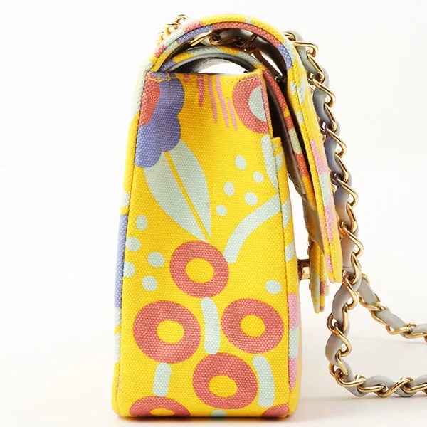 Chanel Around 2003 Made Cotton Flower Design Print Classic Flap Chain Bag 25Cm Yellow/Soft Blue/Multi