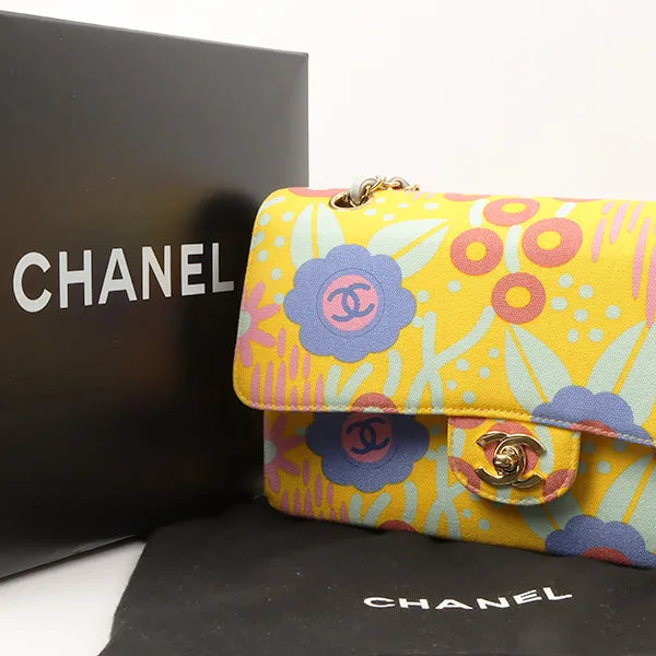 Chanel Around 2003 Made Cotton Flower Design Print Classic Flap Chain Bag 25Cm Yellow/Soft Blue/Multi