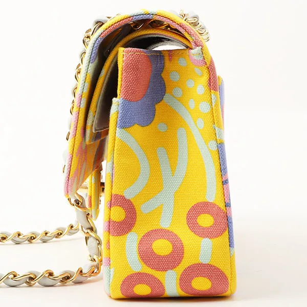 Chanel Around 2003 Made Cotton Flower Design Print Classic Flap Chain Bag 25Cm Yellow/Soft Blue/Multi