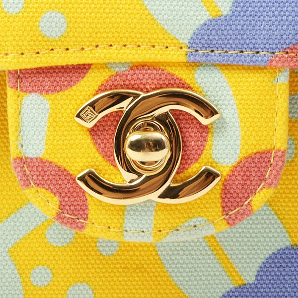 Chanel Around 2003 Made Cotton Flower Design Print Classic Flap Chain Bag 25Cm Yellow/Soft Blue/Multi
