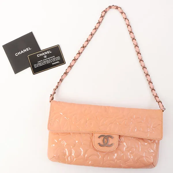 Chanel Around 2003 Made Patent Camellia Motif Classic Flap Chain Bag Salmon Pink