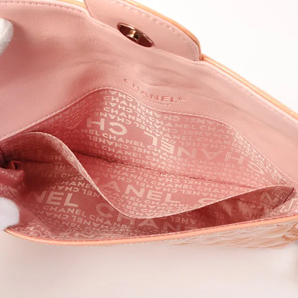Chanel Around 2003 Made Patent Camellia Motif Classic Flap Chain Bag Salmon Pink