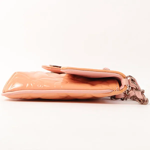 Chanel Around 2003 Made Patent Camellia Motif Classic Flap Chain Bag Salmon Pink