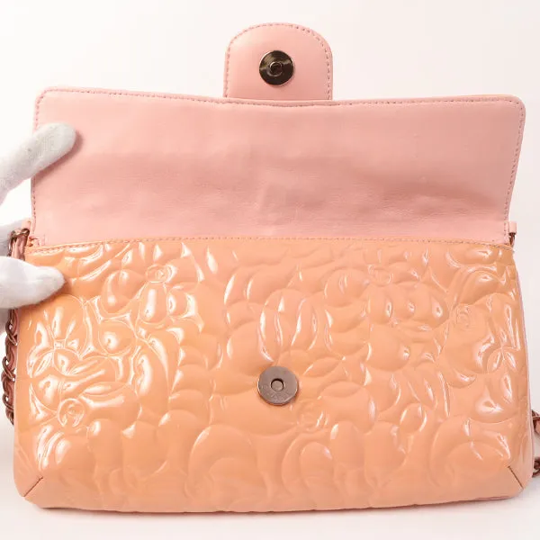 Chanel Around 2003 Made Patent Camellia Motif Classic Flap Chain Bag Salmon Pink