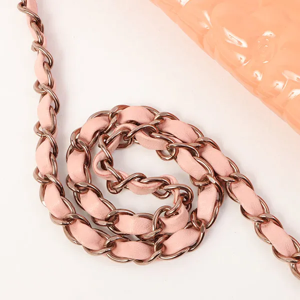 Chanel Around 2003 Made Patent Camellia Motif Classic Flap Chain Bag Salmon Pink