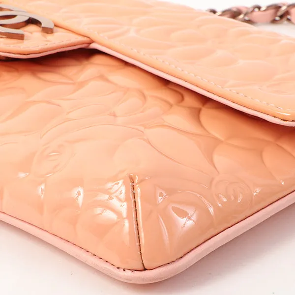 Chanel Around 2003 Made Patent Camellia Motif Classic Flap Chain Bag Salmon Pink