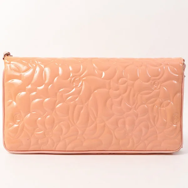 Chanel Around 2003 Made Patent Camellia Motif Classic Flap Chain Bag Salmon Pink