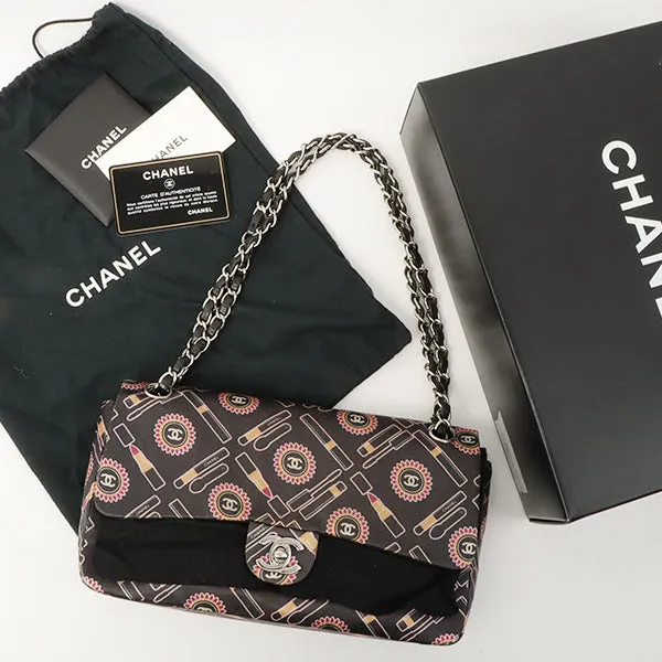 Chanel Around 2005 Made Satin Print Classic Flap Chain Bag 25Cm Black / Multi