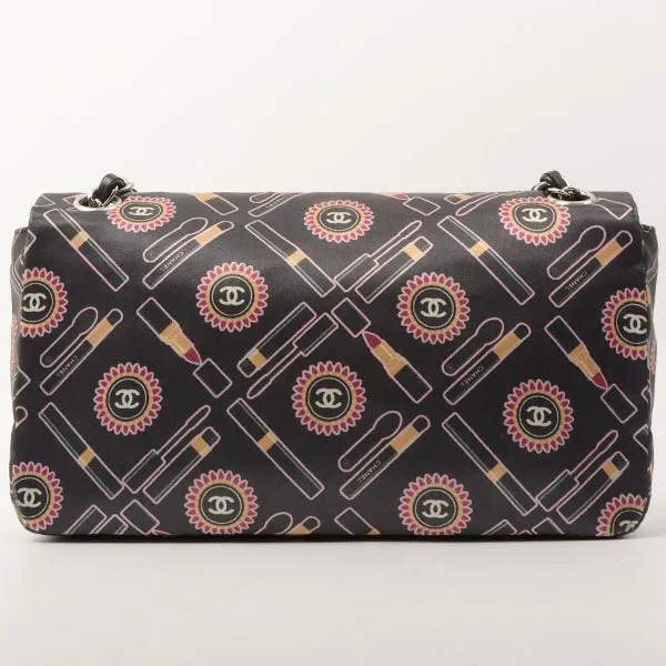 Chanel Around 2005 Made Satin Print Classic Flap Chain Bag 25Cm Black / Multi