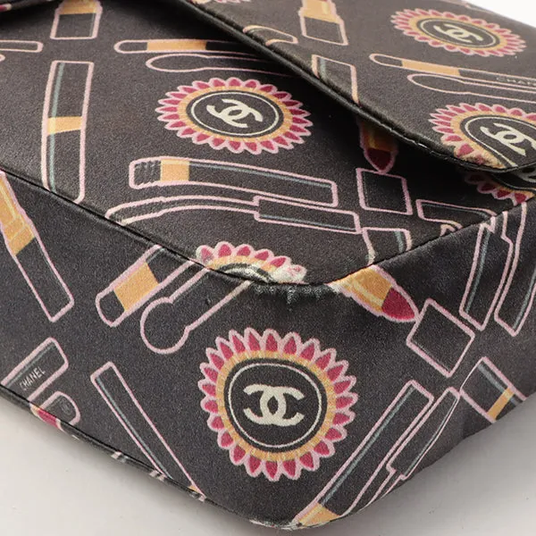 Chanel Around 2005 Made Satin Print Classic Flap Chain Bag 25Cm Black / Multi