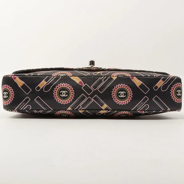 Chanel Around 2005 Made Satin Print Classic Flap Chain Bag 25Cm Black / Multi