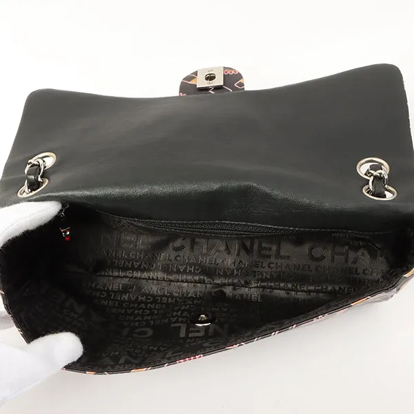 Chanel Around 2005 Made Satin Print Classic Flap Chain Bag 25Cm Black / Multi