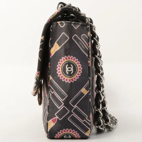 Chanel Around 2005 Made Satin Print Classic Flap Chain Bag 25Cm Black / Multi