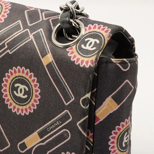 Chanel Around 2005 Made Satin Print Classic Flap Chain Bag 25Cm Black / Multi