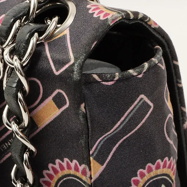 Chanel Around 2005 Made Satin Print Classic Flap Chain Bag 25Cm Black / Multi