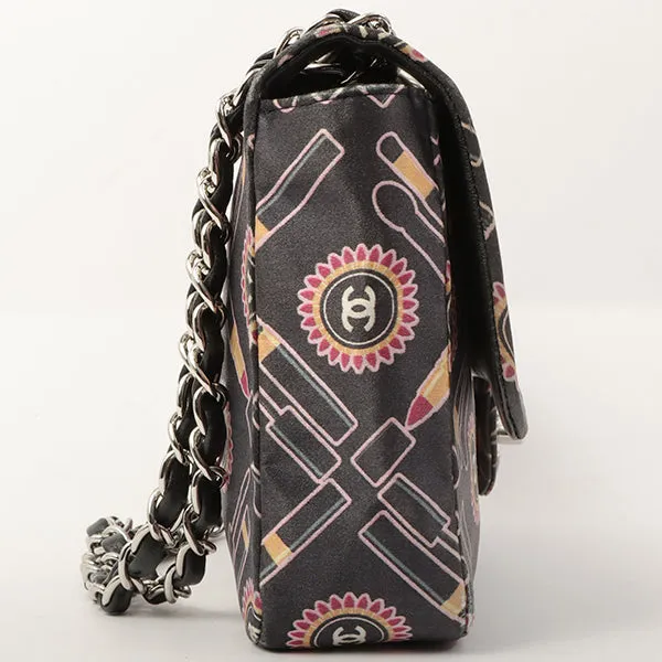 Chanel Around 2005 Made Satin Print Classic Flap Chain Bag 25Cm Black / Multi