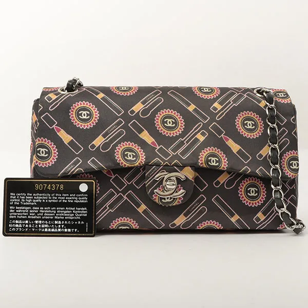 Chanel Around 2005 Made Satin Print Classic Flap Chain Bag 25Cm Black / Multi