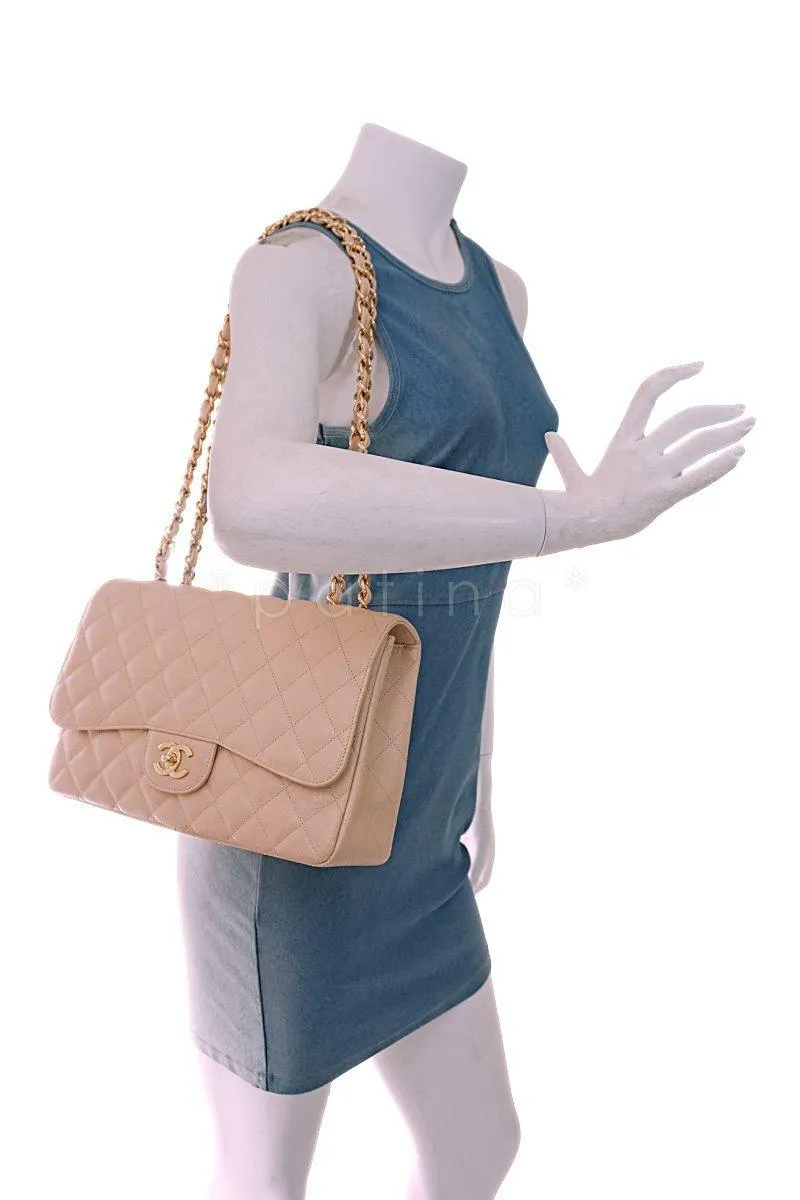 Chanel Beige Clair Caviar Jumbo Classic Flap Bag GHW