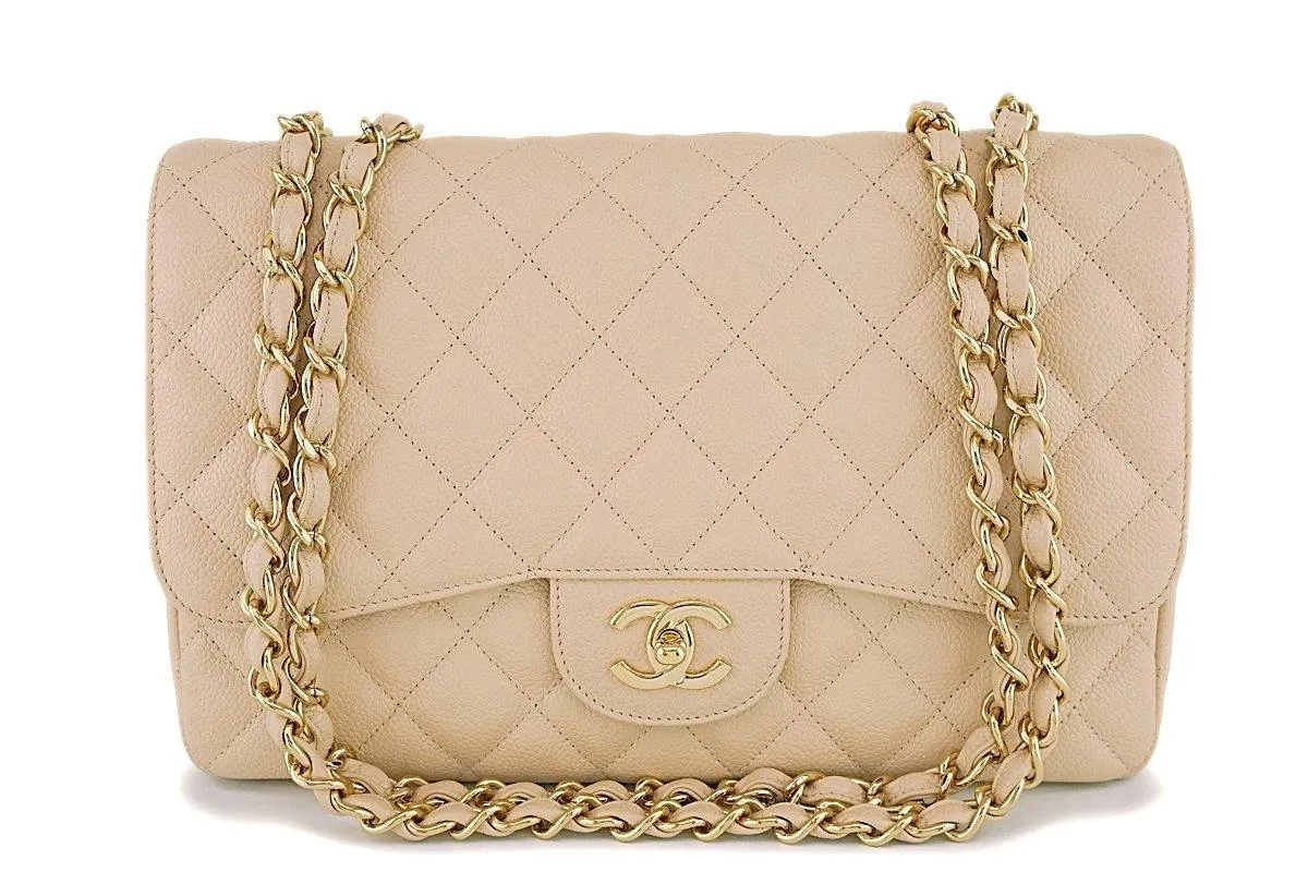 Chanel Beige Clair Caviar Jumbo Classic Flap Bag GHW