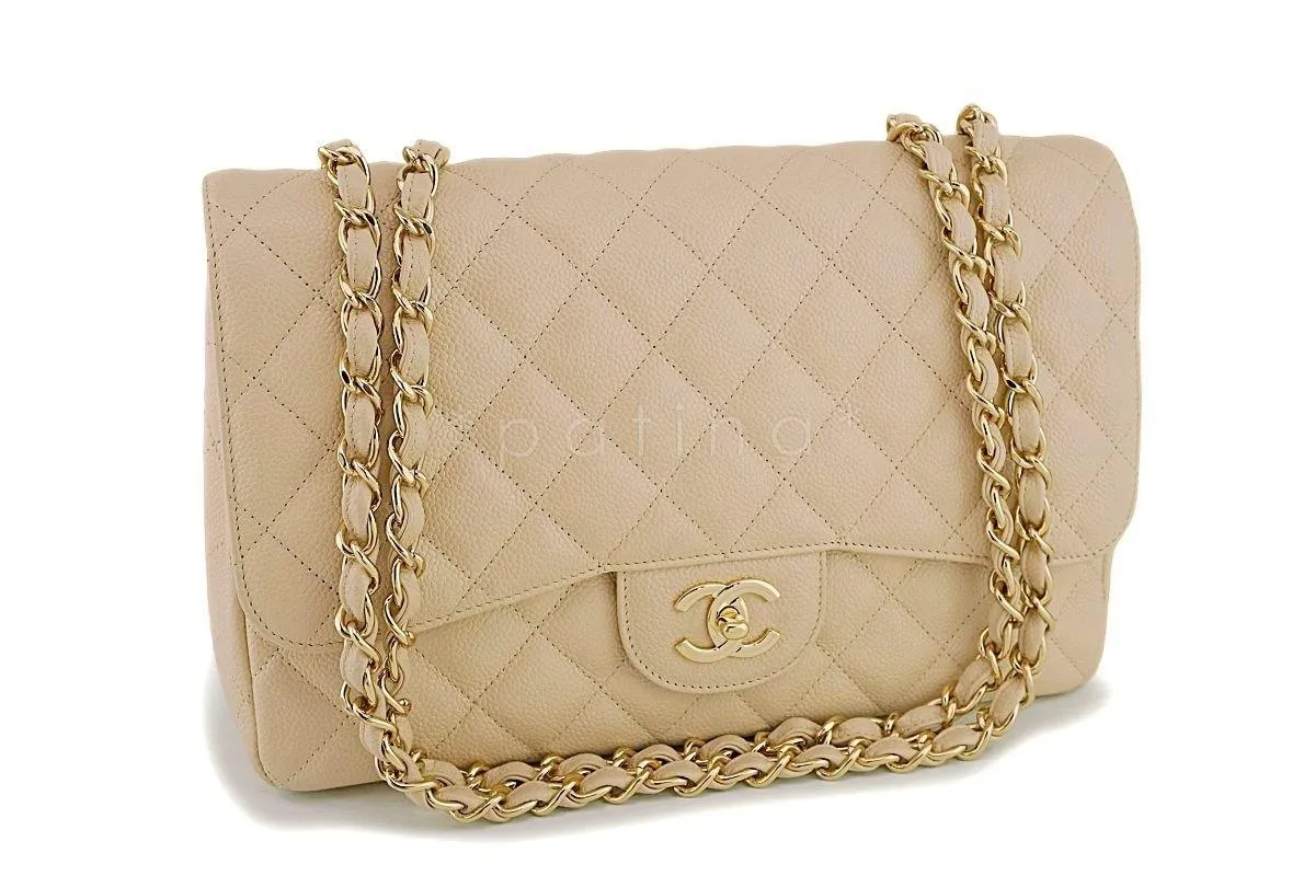 Chanel Beige Clair Caviar Jumbo Classic Flap Bag GHW