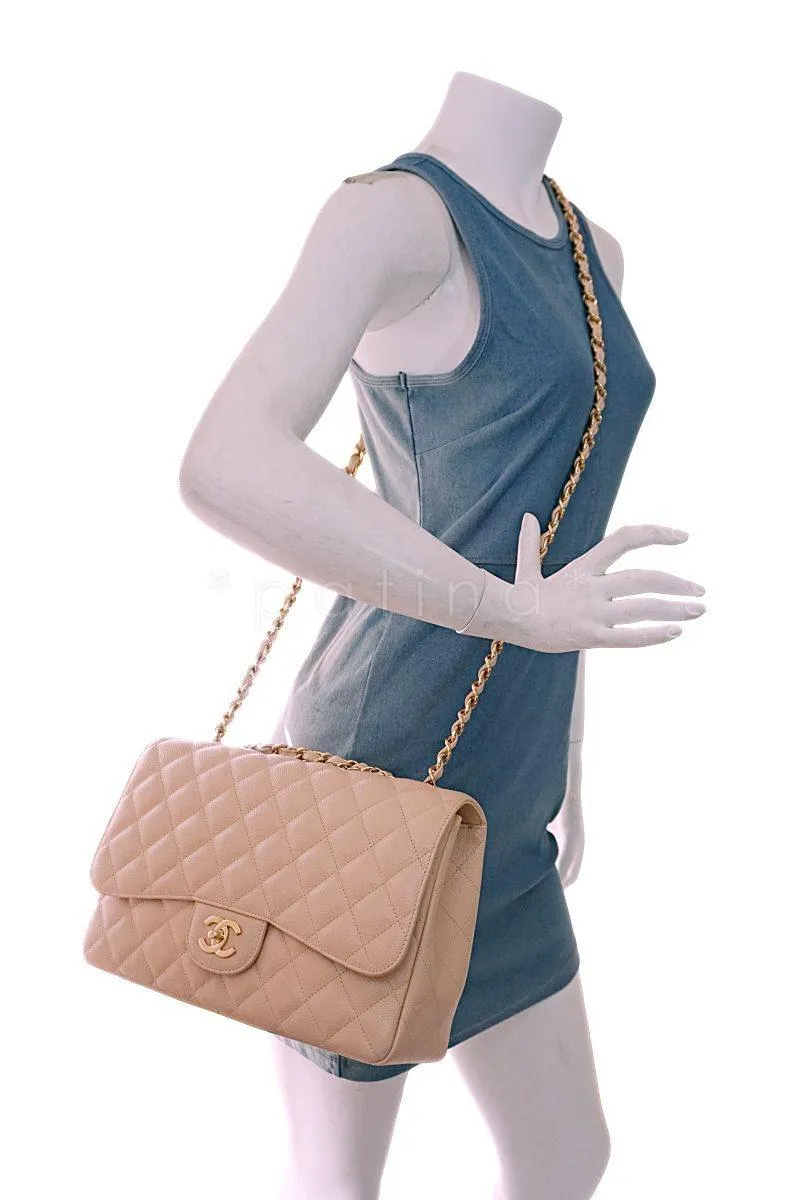 Chanel Beige Clair Caviar Jumbo Classic Flap Bag GHW