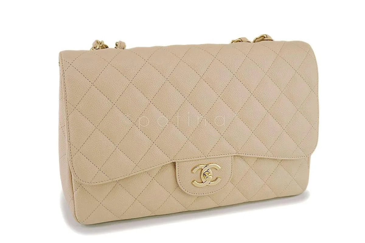 Chanel Beige Clair Caviar Jumbo Classic Flap Bag GHW
