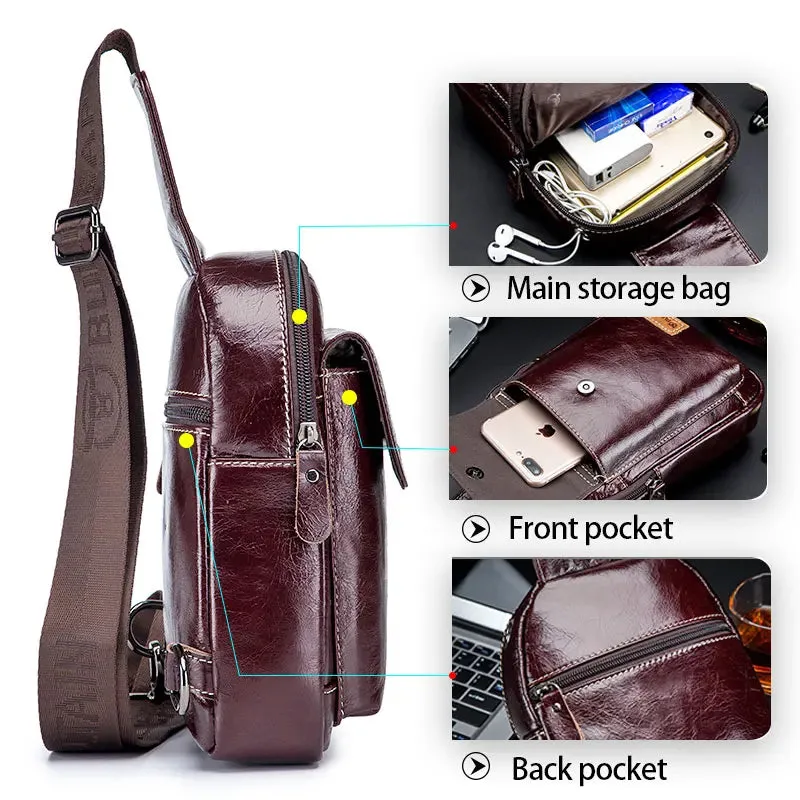 cowhide Leather Casual Fashion Crossbody Chest Bag men's