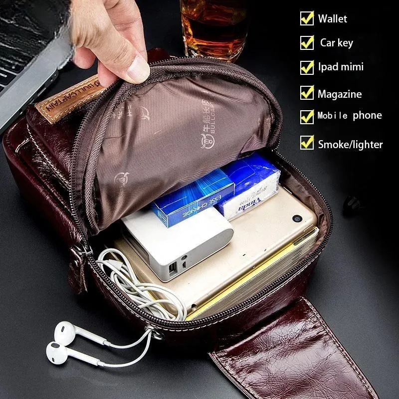 cowhide Leather Casual Fashion Crossbody Chest Bag men's