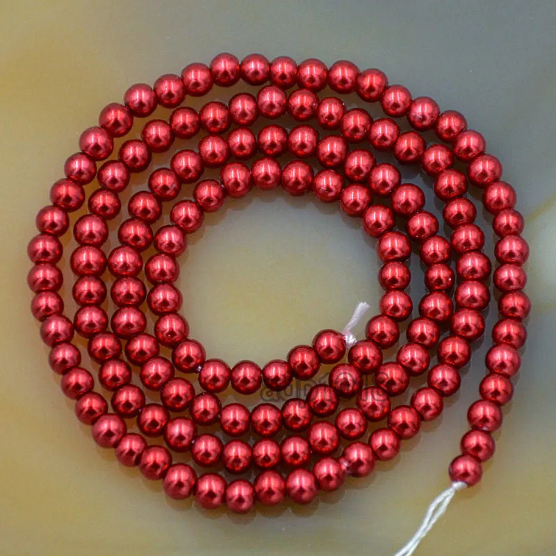 Czech Bordeaux Red Satin Luster Glass Pearl Round Beads on a 15.5" Strand