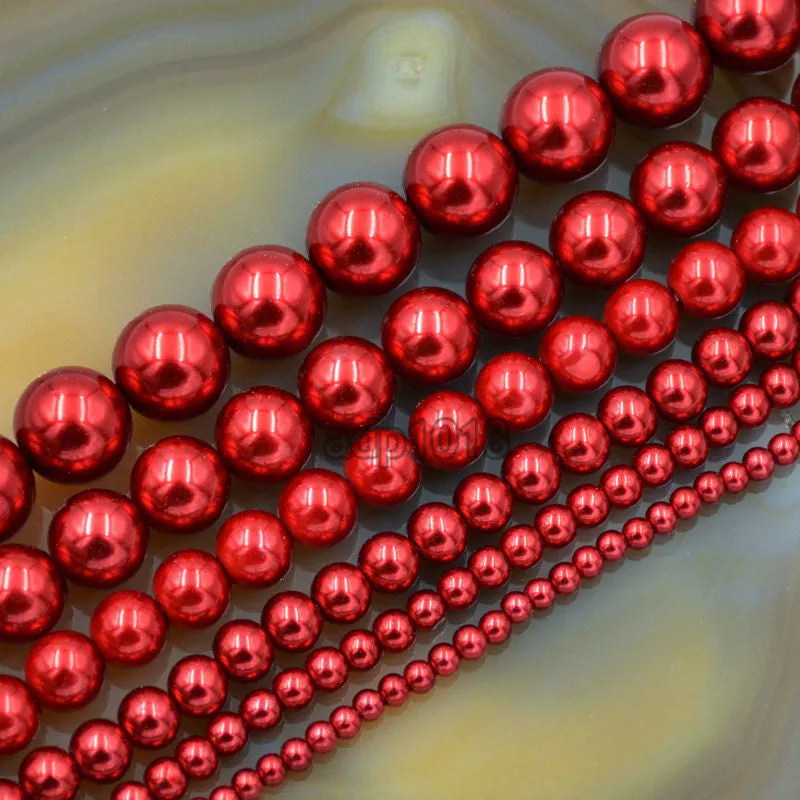 Czech Bordeaux Red Satin Luster Glass Pearl Round Beads on a 15.5" Strand