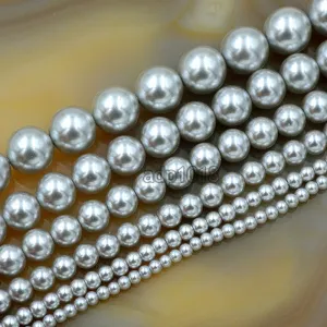 Czech Light Grey Satin Luster Glass Pearl Round Beads on a 15.5" Strand